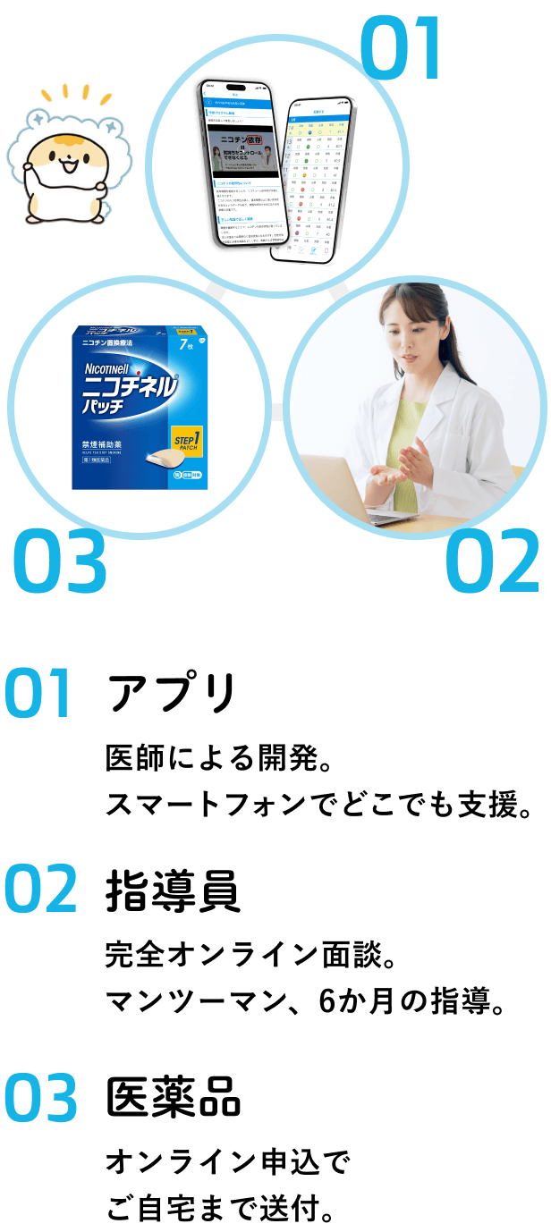 「01 アプリ：医師による開発。スマートフォンでどこでも支援。」「02 指導員：完全オンライン面談。​マンツーマン、6か月の指導。」「03 医薬品：オンライン申込でご自宅まで送付。」