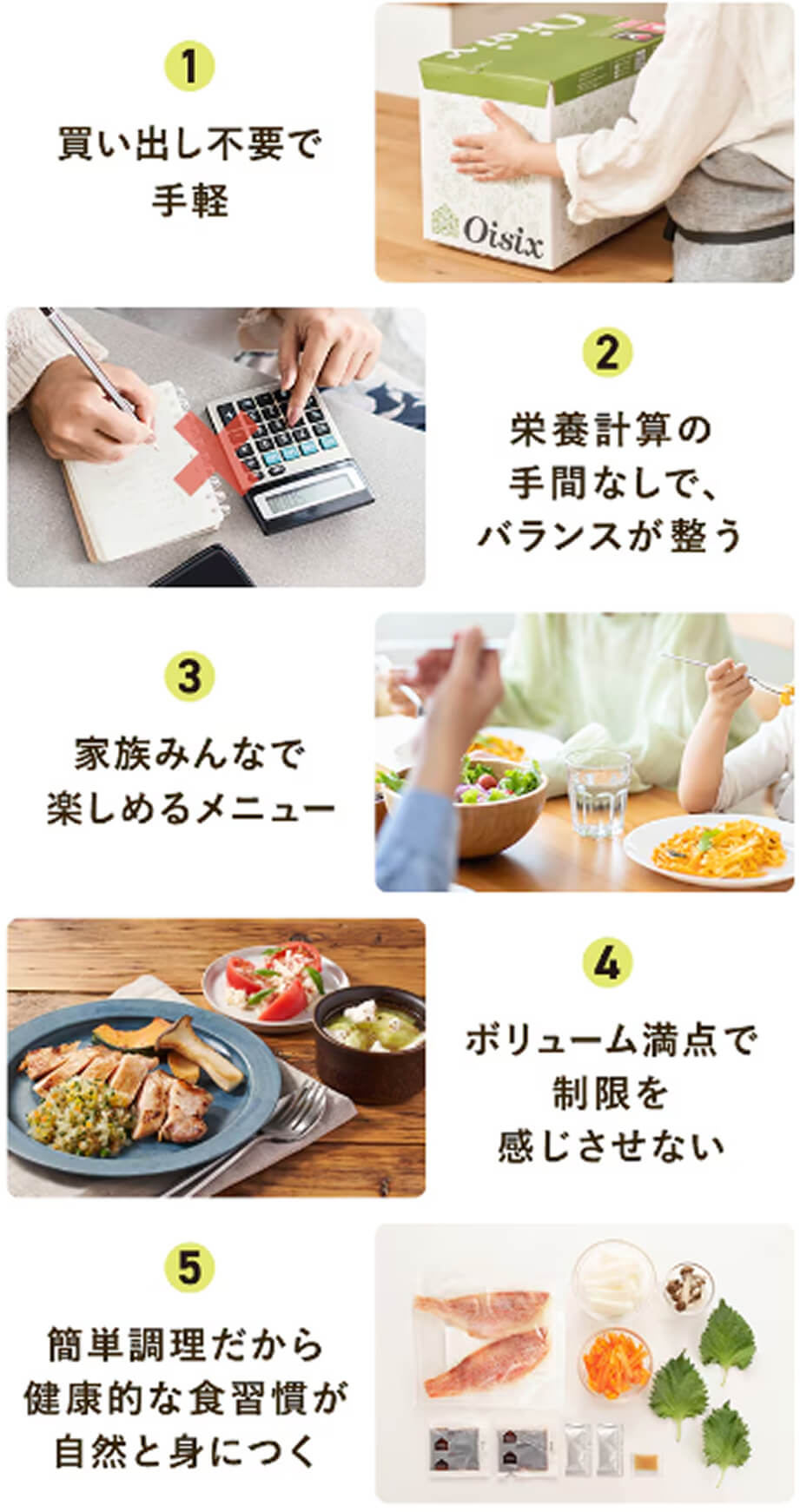 1.買い出し不要で手軽、2.栄養計算の手間なしで、バランスが整う、3.家族みんなで楽しめるメニュー、4.ボリューム満点で制限を感じさせない、5.簡単調理だから健康的な食習慣が自然と身につく