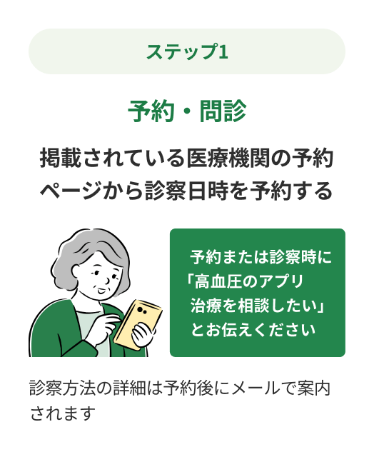 ステップ1：予約・問診 掲載されている医療機関の予約ページから診察日時を予約する 予約または診察時に「高血圧のアプリ治療を相談したい」とお伝えください 診察方法の詳細は予約後にメールで案内されます
